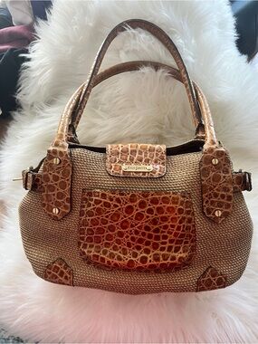 Eric Javits Tan Croc-Trim Straw Satchel